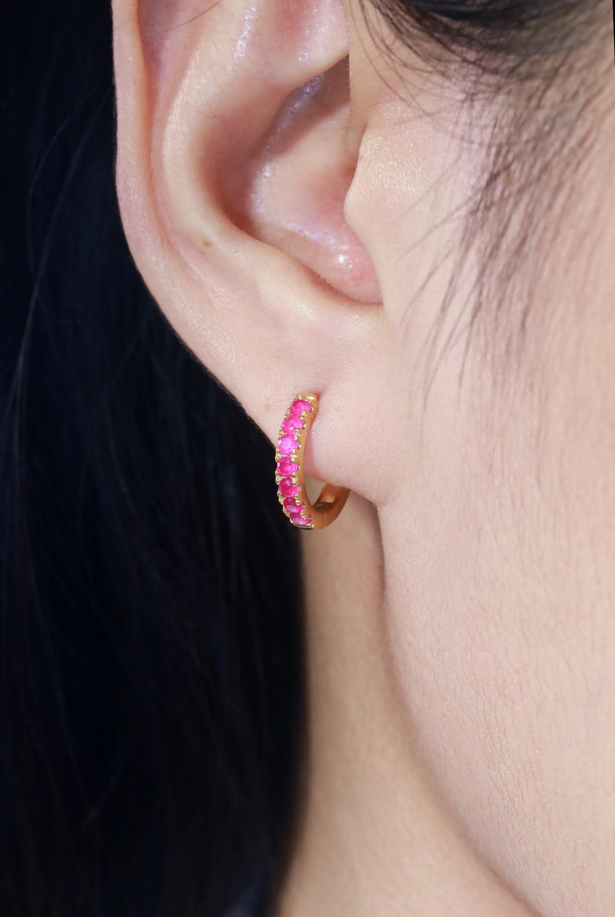 Seven Stones Ruby Hoop Earrings, July Birthstone Gifts, Huggie Hoop Earrings, Minimal Hoop Earrings Gift for Women