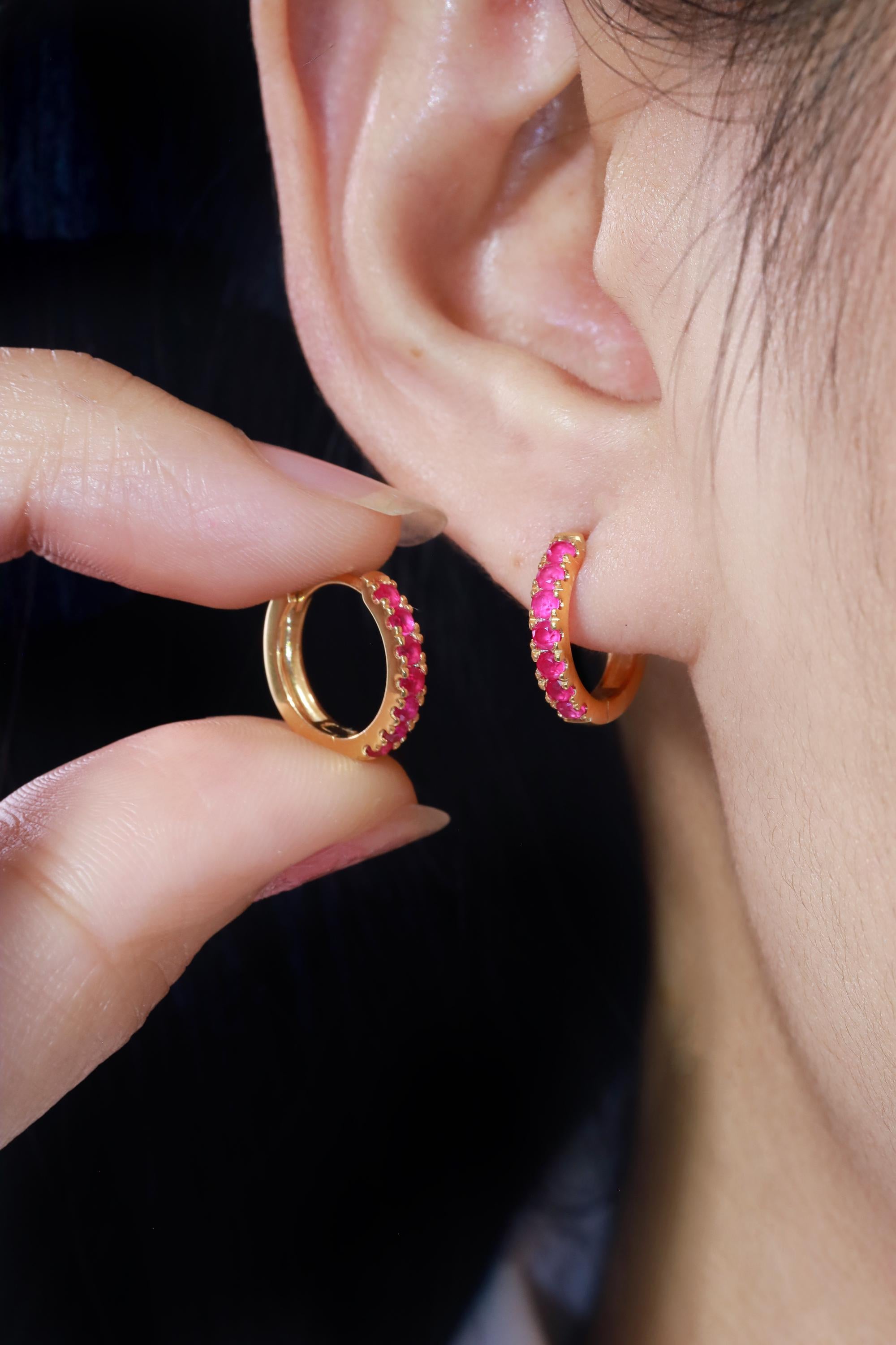 Seven Stones Ruby Hoop Earrings, July Birthstone Gifts, Huggie Hoop Earrings, Minimal Hoop Earrings Gift for Women