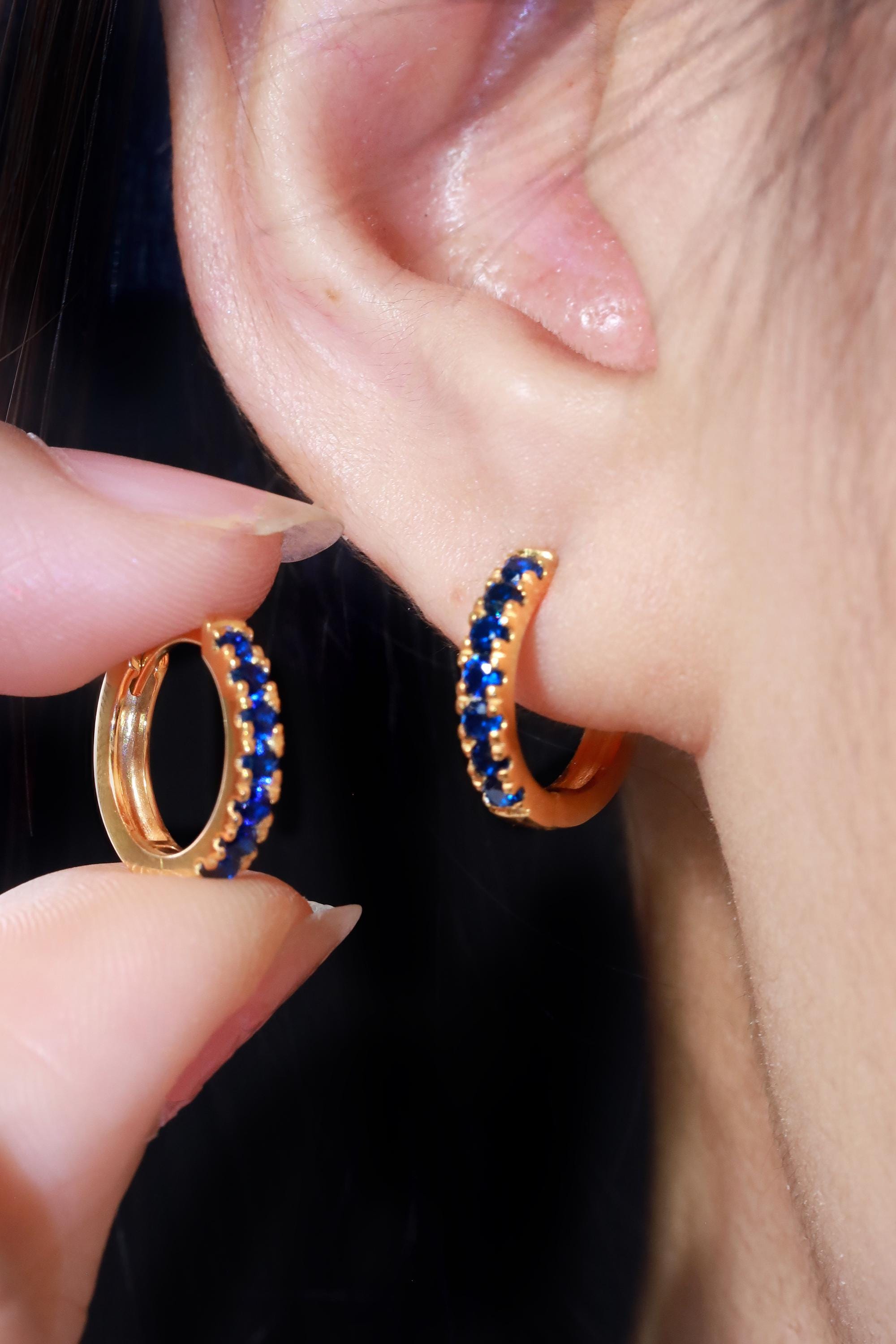 Seven Stones Blue Sapphire Hoop Earrings, September Birthstone Gifts, Huggie Hoop Earrings, Minimal Hoop Earrings Gift for Women