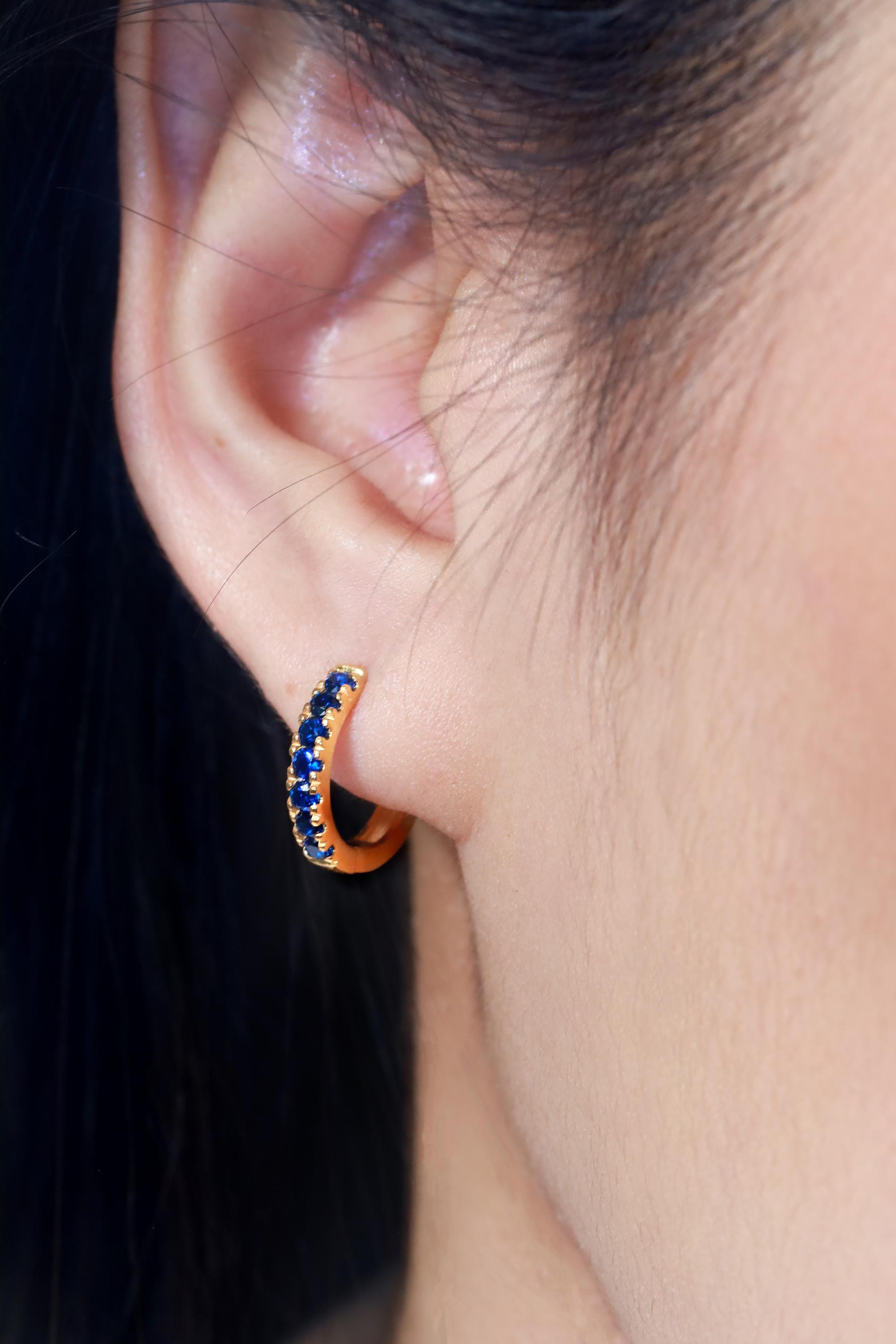 Seven Stones Blue Sapphire Hoop Earrings, September Birthstone Gifts, Huggie Hoop Earrings, Minimal Hoop Earrings Gift for Women