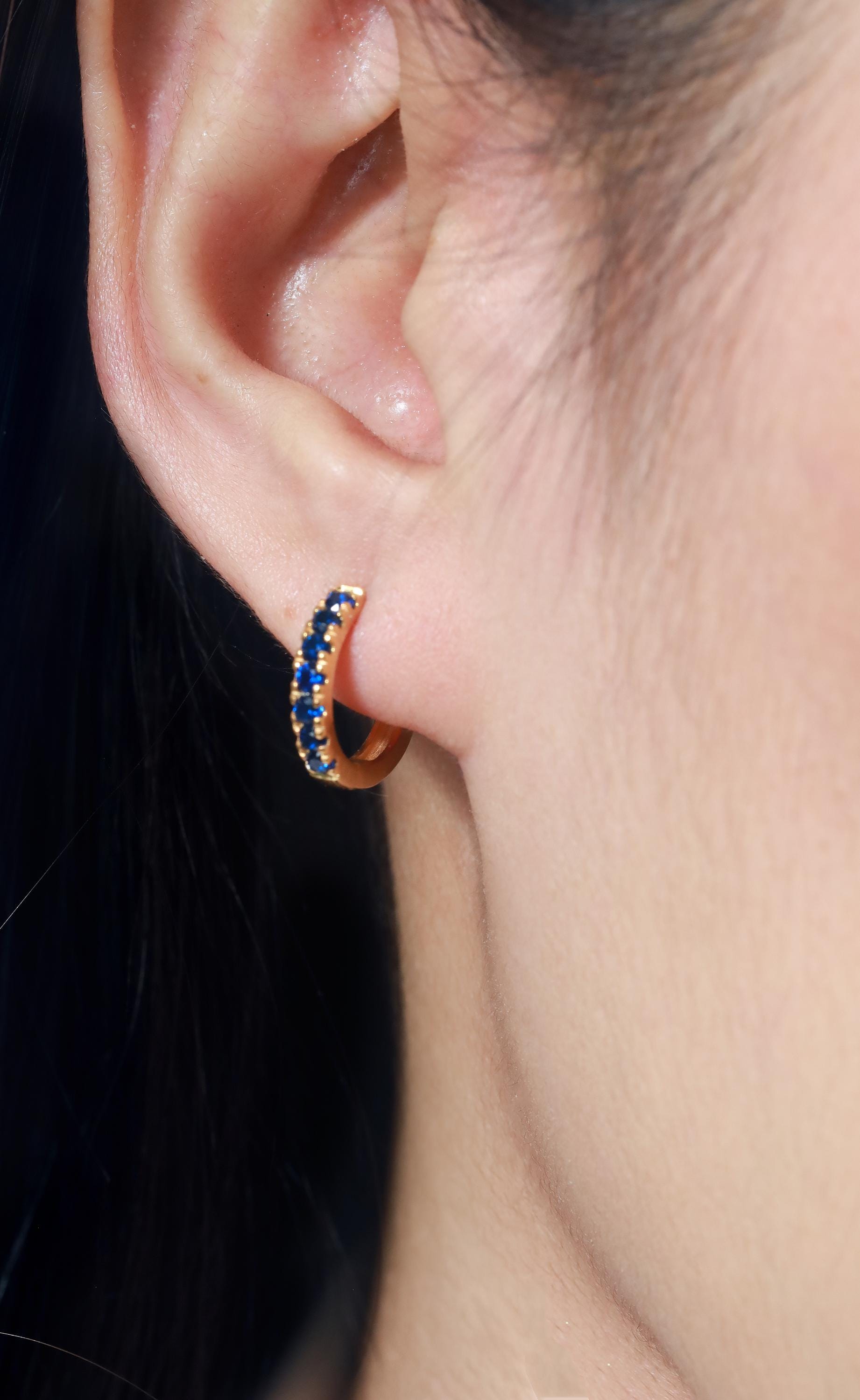 Seven Stones Blue Sapphire Hoop Earrings, September Birthstone Gifts, Huggie Hoop Earrings, Minimal Hoop Earrings Gift for Women