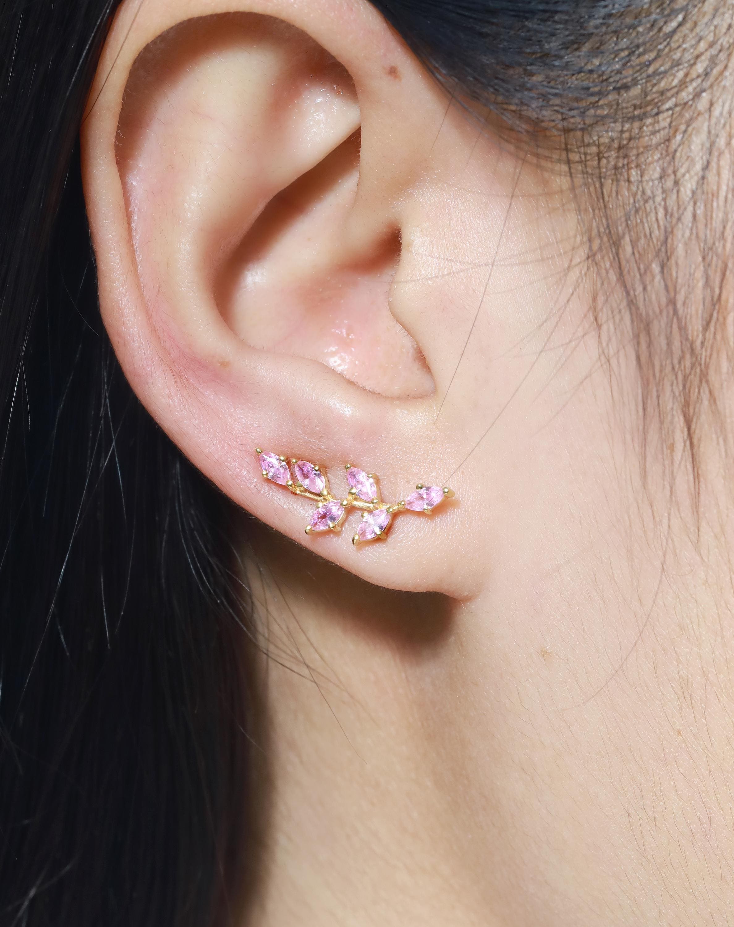 Pink Sapphire Climber Earrings, Marquise Ear Crawlers Earrings, Ear Climber Earrings, Bridesmaid Gift, Wedding Earrings