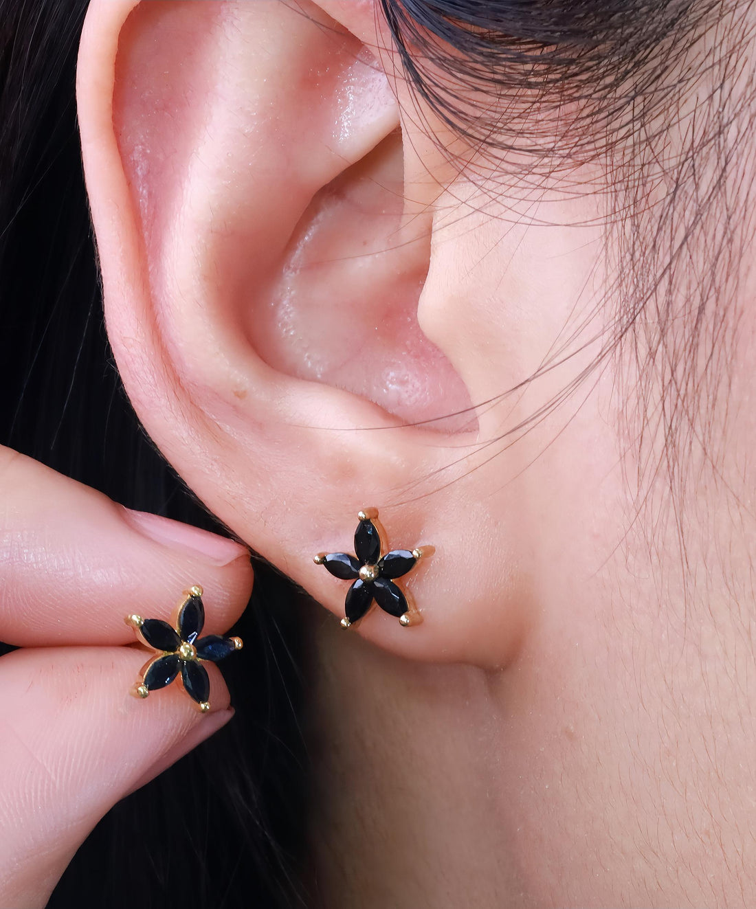 Black Diamond Flower Stud Earrings, Dainty Earrings, Everyday Earrings Gift for Her, Floral Studs, Graduation Gifts, Last Minute Gifts