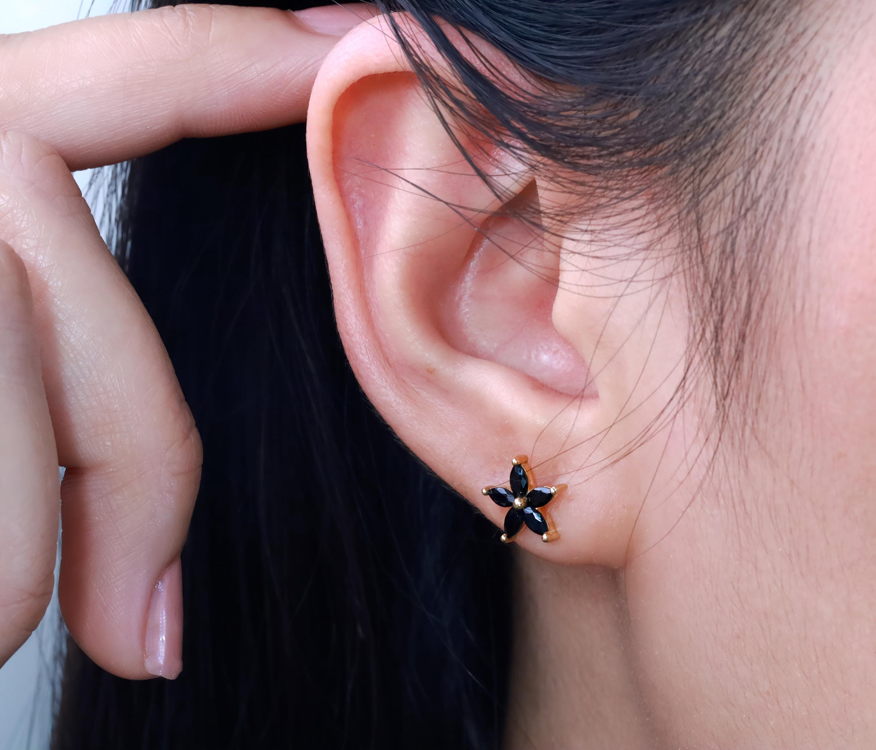 Black Diamond Flower Stud Earrings, Dainty Earrings, Everyday Earrings Gift for Her, Floral Studs, Graduation Gifts, Last Minute Gifts