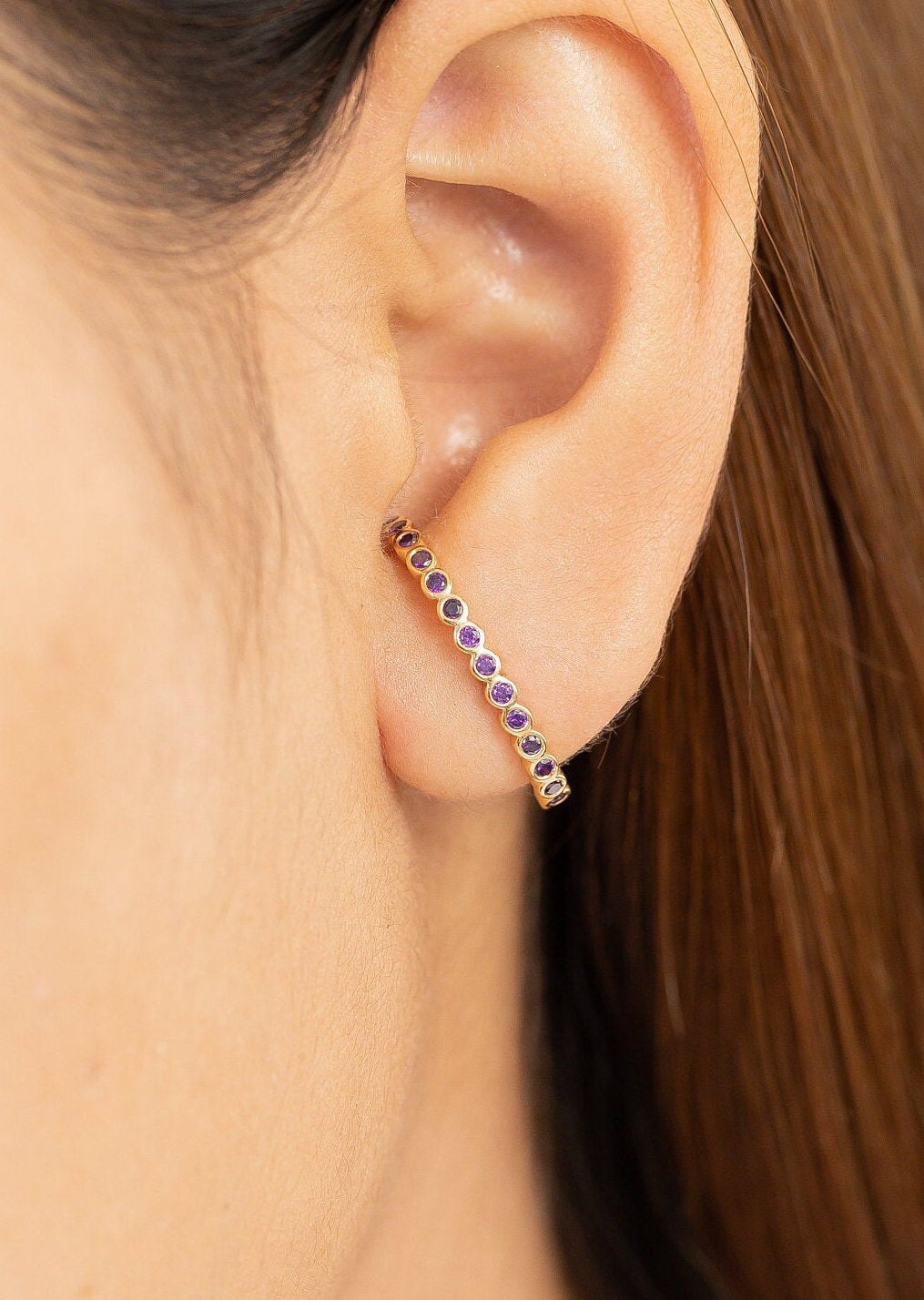 Bezel Set Amethyst Earrings, Curve Stud Earrings, February Birthstone Gift, Dainty Suspender Earrings, Purple Stone Earrings Gift for Her