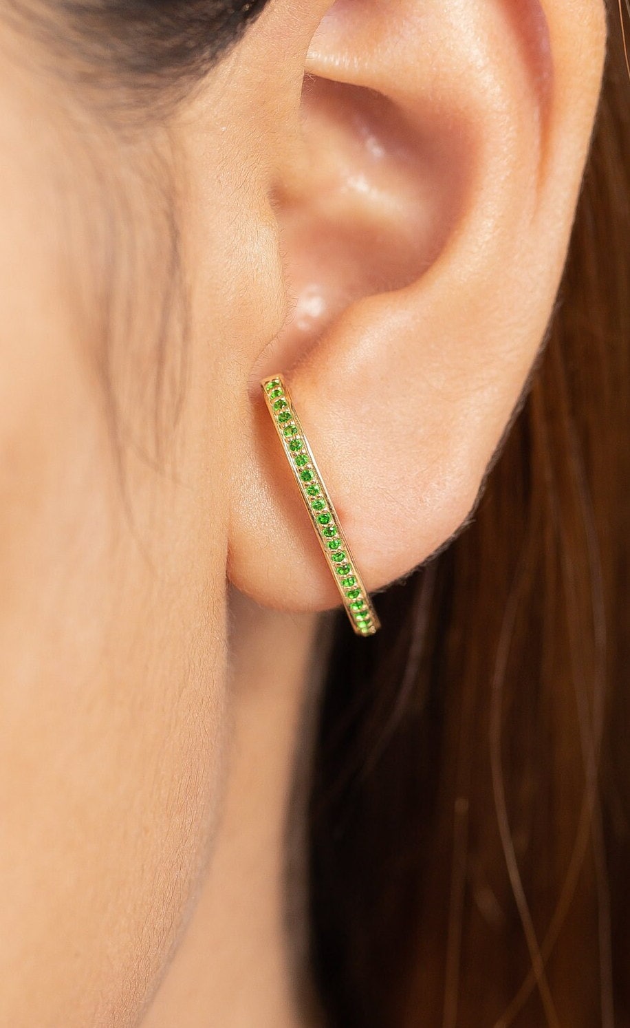 Emerald Curved Bar Stud Earrings, Channel Set May Birthstone Earrings, Dainty Green Gemstone Ear Climbers, Bridesmaid Gift