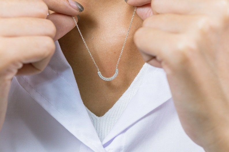 Diamond Curved Necklace, U Shape Diamond Cluster Necklace, Dainty Bridal Jewelry, Bridesmaid Necklace Gift for Her