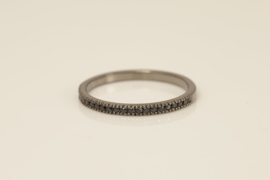 Black Coating Micro Pave Band, Black CZ Half Eternity Band, Stacking Wedding Band Gift for Her, Dainty Stackable Band