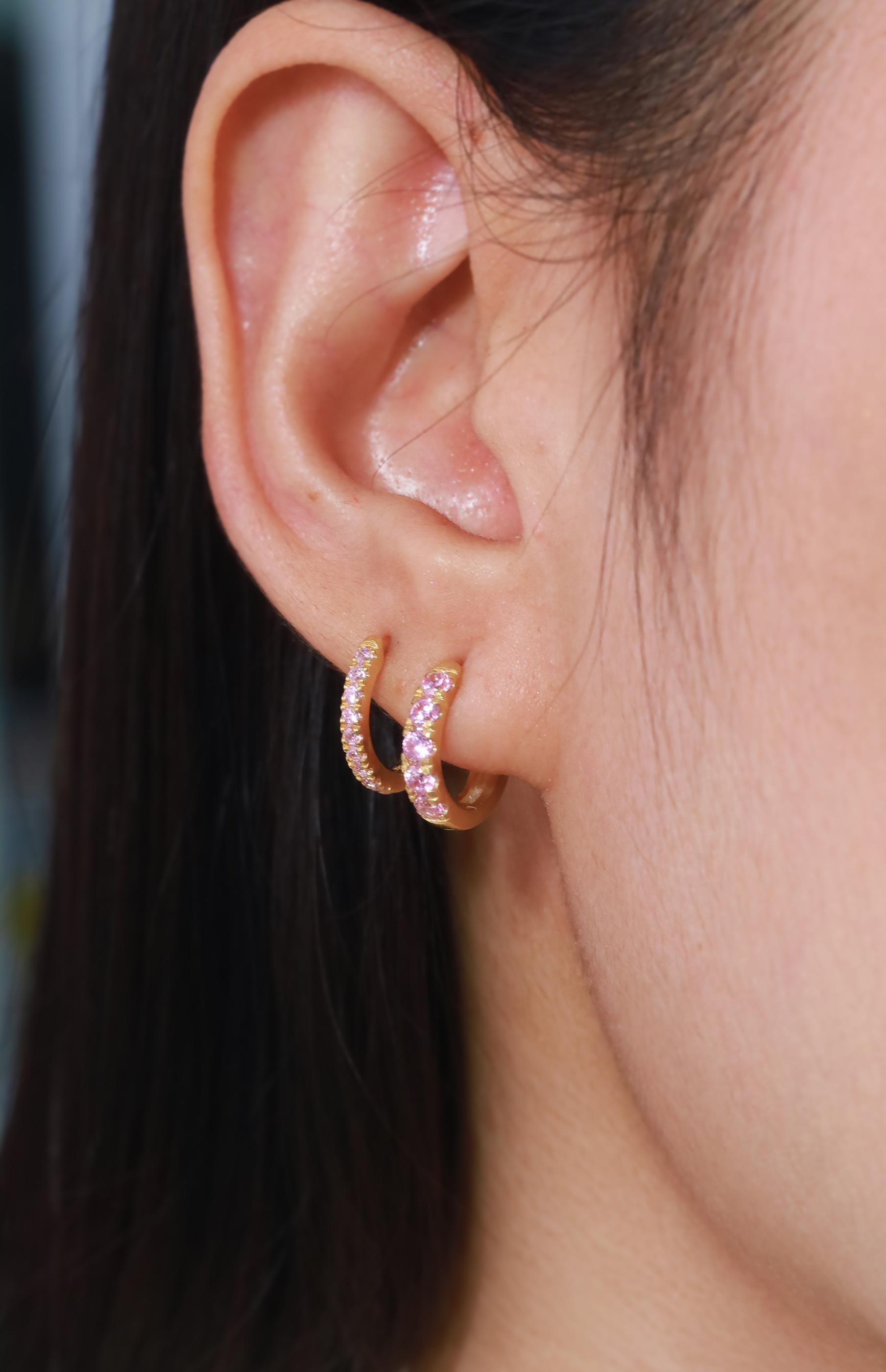 Five Stones Pink Sapphire Hoop Earring, September Birthstone Gifts, Huggie Hoops, Minimal Hoop Earring