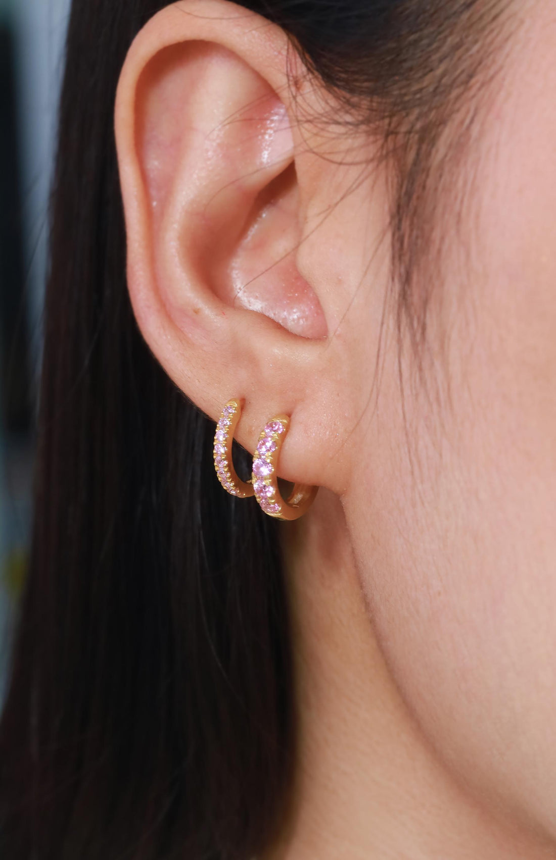 Five Stones Pink Sapphire Hoop Earring, September Birthstone Gifts, Huggie Hoops, Minimal Hoop Earring