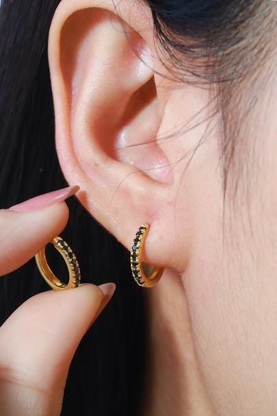 Black Diamonds Hoop Earrings, Huggies Hoop Earrings, Minimal Hoop Earrings, Minimalist Earrings, In Stock