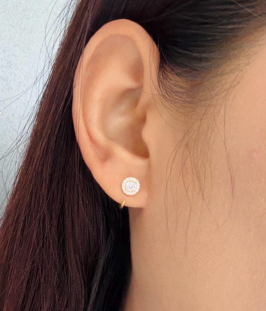 Diamond Halo Open Huggies Earrings Silver Diamond Halo Hoops Sparkly Halo Huggie Earrings Minimalist Diamond Halo Hoops Gift for Her