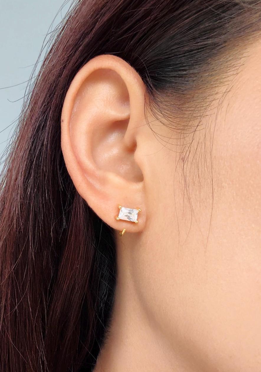 Baguette Open Huggies Earrings Sparkly Baguette Hoops Baguette CZ Huggie Earrings Gold Baguette Hoop Earrings Gift for Her