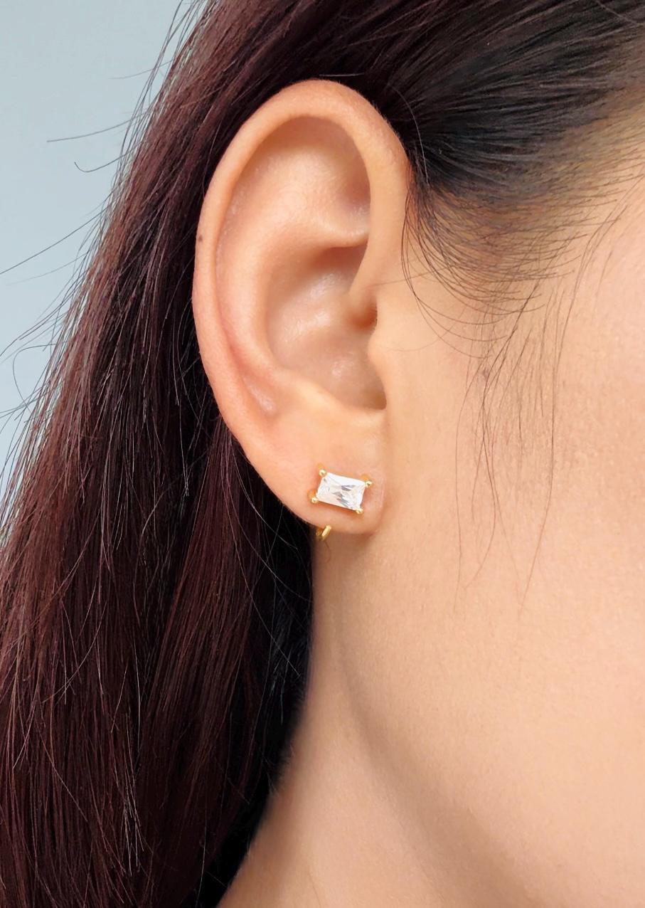Baguette Open Huggies Earrings Sparkly Baguette Hoops Baguette CZ Huggie Earrings Gold Baguette Hoop Earrings Gift for Her