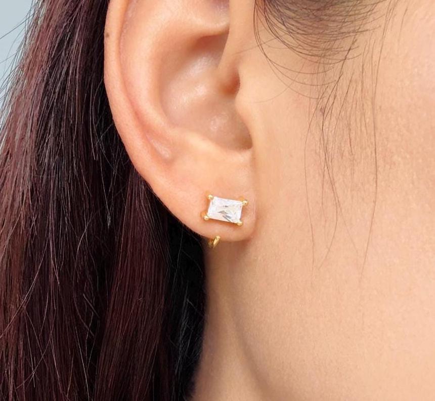 Baguette Open Huggies Earrings Sparkly Baguette Hoops Baguette CZ Huggie Earrings Gold Baguette Hoop Earrings Gift for Her