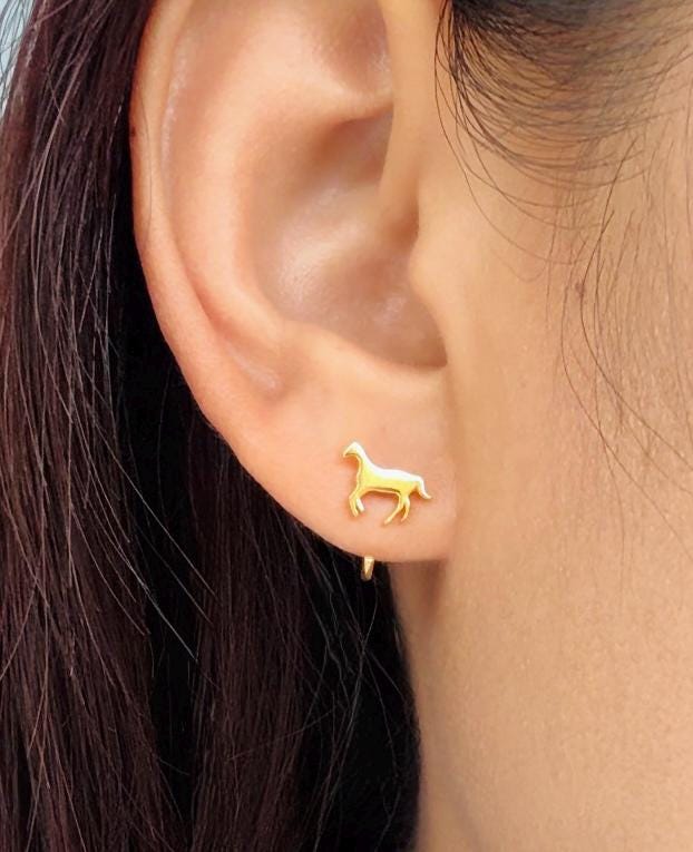 Horse Open Huggies Earrings Gold Horse Hoop Earrings Silver Horse Huggie Hoops Dainty Horse Hoop Earrings Horse Charm Huggies