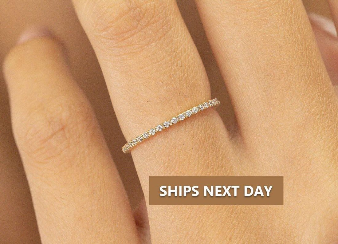 Micro Pave Eternity Diamond Wedding Ring, 1.3 MM Half Eternity Band, Dainty Stackable Band, Anniversary Gift, Valentine's Day Gift