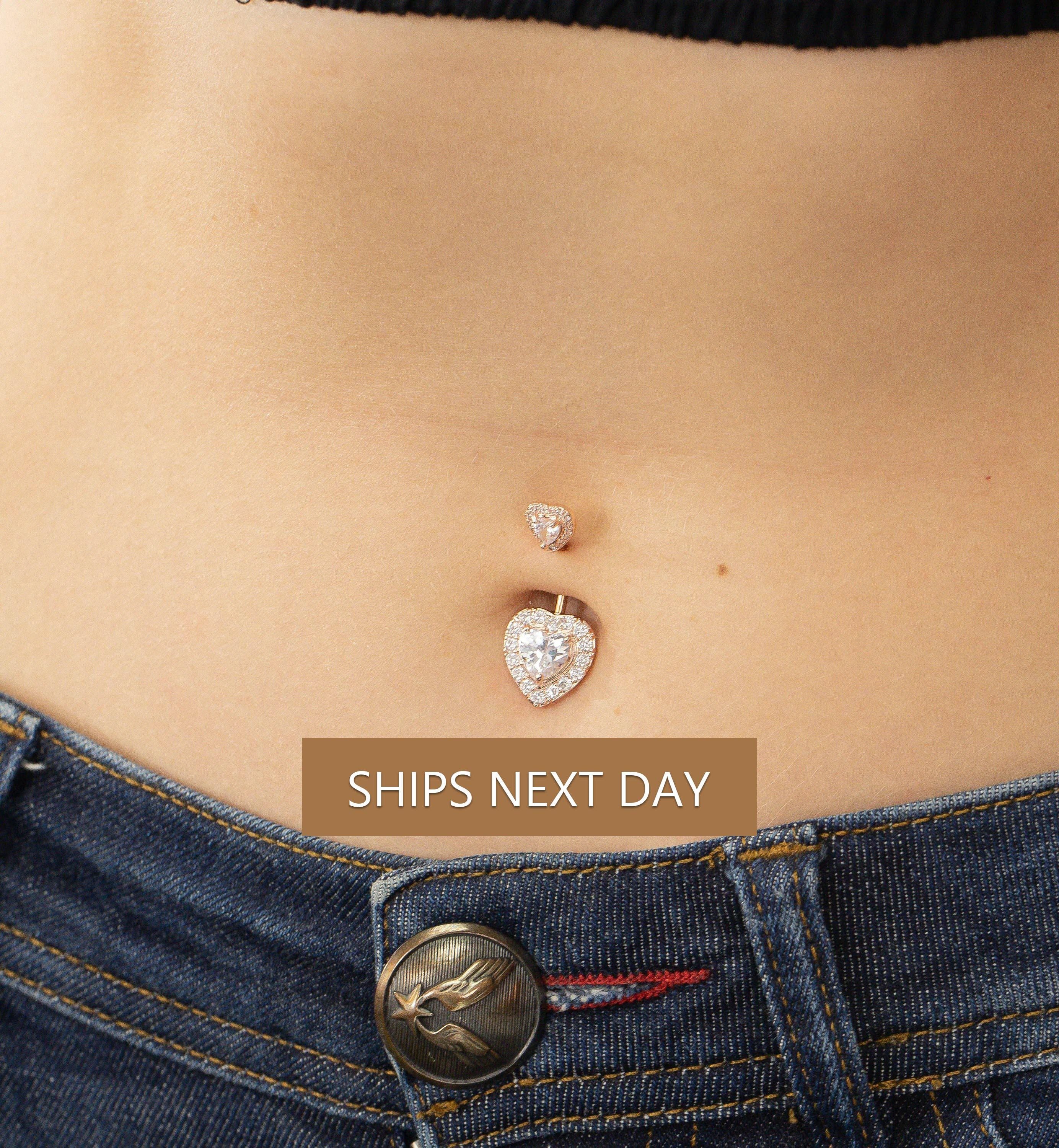 Heart Shape Belly Button Ring, Diamond Body Jewelry, Curved Barbell Belly Ring, Navel Piercing Jewelry