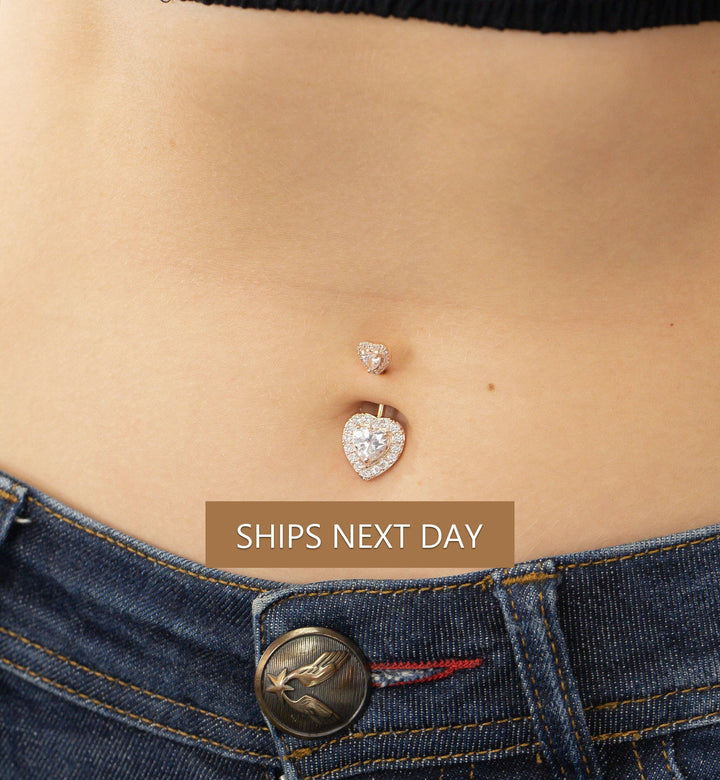 Heart Shape Belly Button Ring, Diamond Body Jewelry, Curved Barbell Belly Ring, Navel Piercing Jewelry