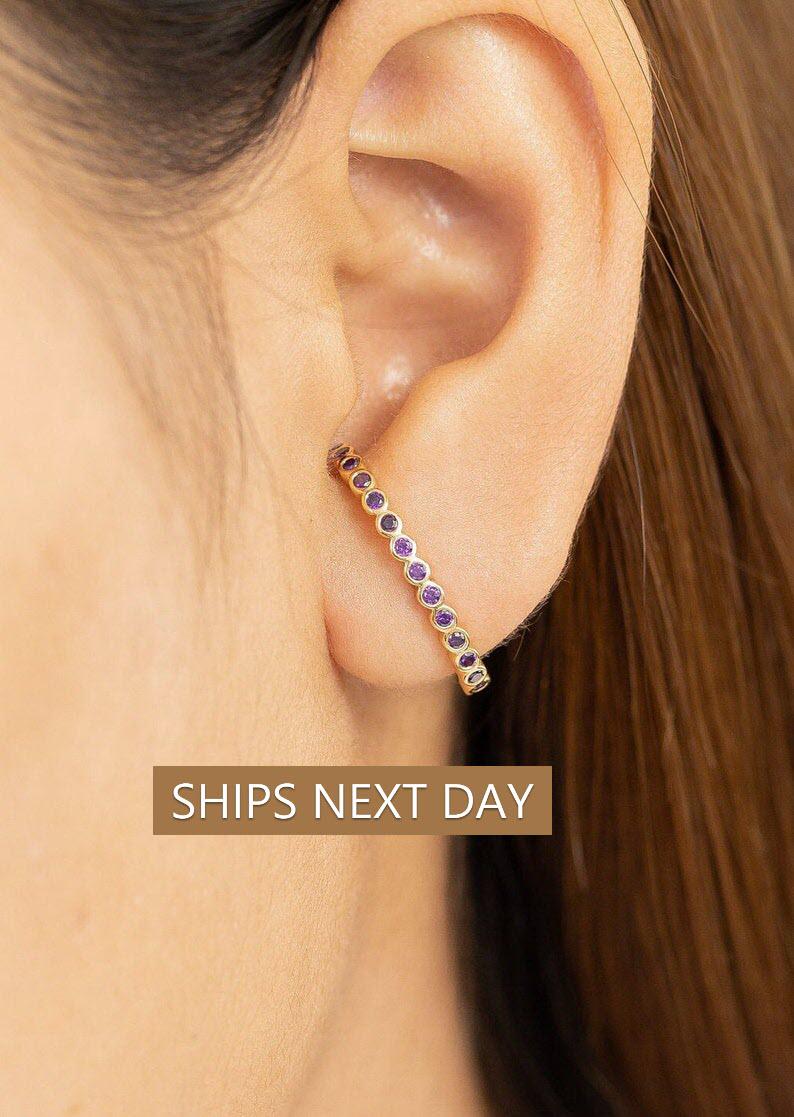 Bezel Set Amethyst Earrings, Curve Stud Earrings, February Birthstone Gift, Dainty Suspender Earrings, Purple Stone Earrings Gift for Her