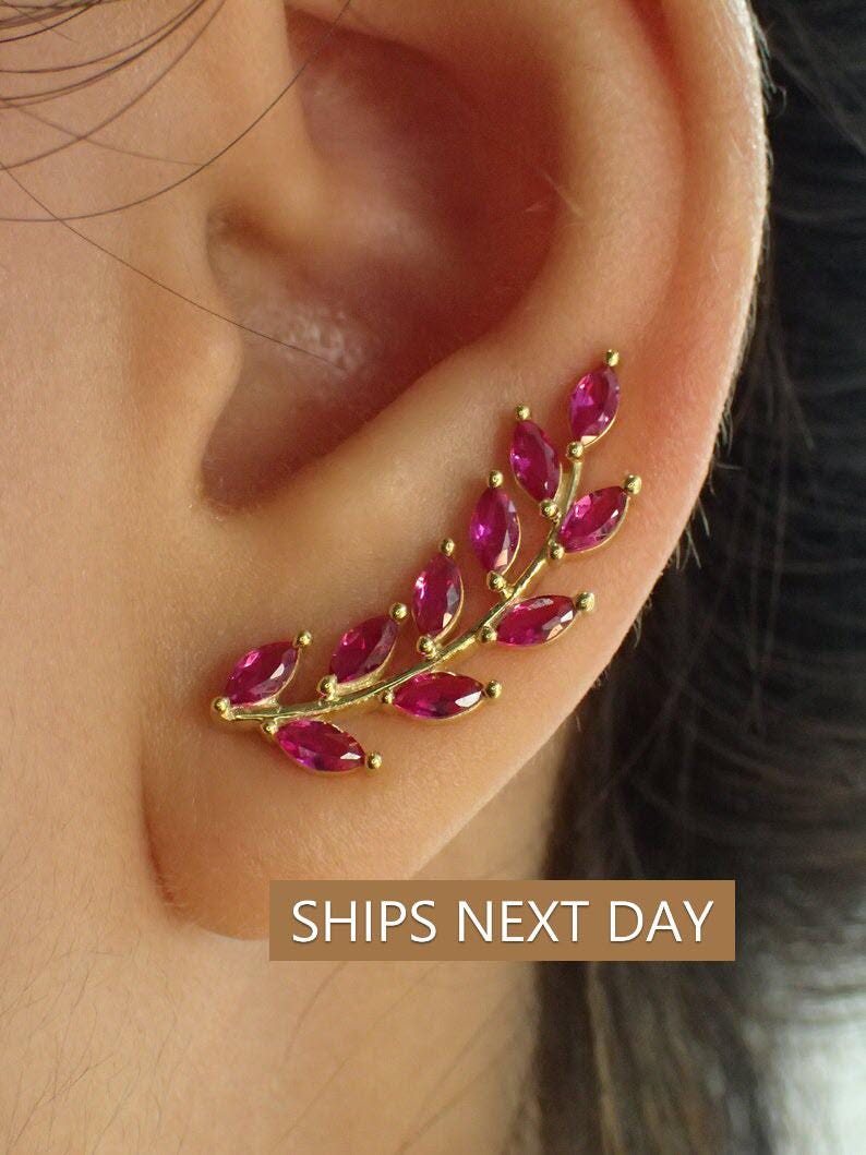 Ruby Earring Climber / Ruby Ear Crawlers Earrings / Marquise Ear Climber Earrings / Bridesmaid Gift / July Birthstone Gift / In Stock