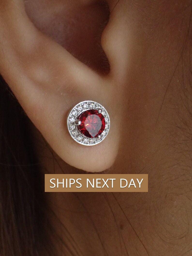 Garnet Halo Stud Earrings / Brilliant Round Diamond Earrings / Everyday Earring / January Birthstone Gift / Last Minute Gifts