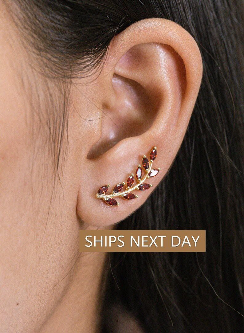 Garnet Earring Climber / Marquise Ear Crawlers Earring / Ear Climber Earring / Bridesmaid Gift / January Birthstones