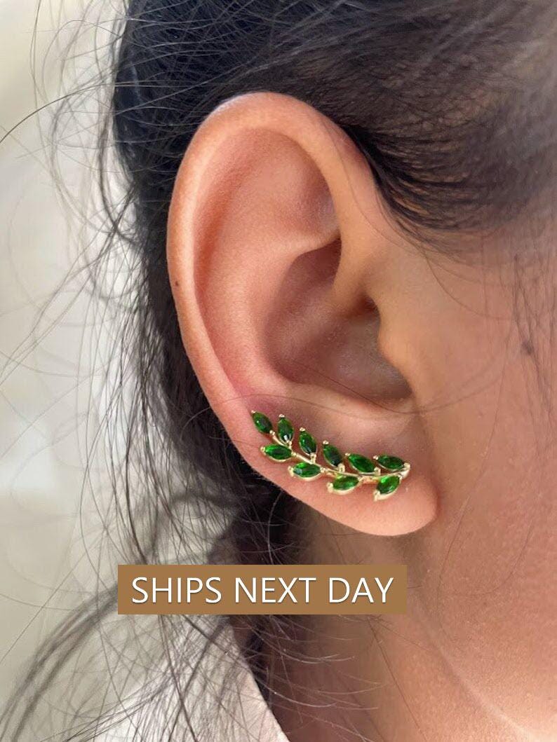 Emerald Earring Climber / Marquise Ear Crawlers Earrings / Ear Climber Earrings / Bridesmaid Gift / May Birthstones / Valentine's Day Gift