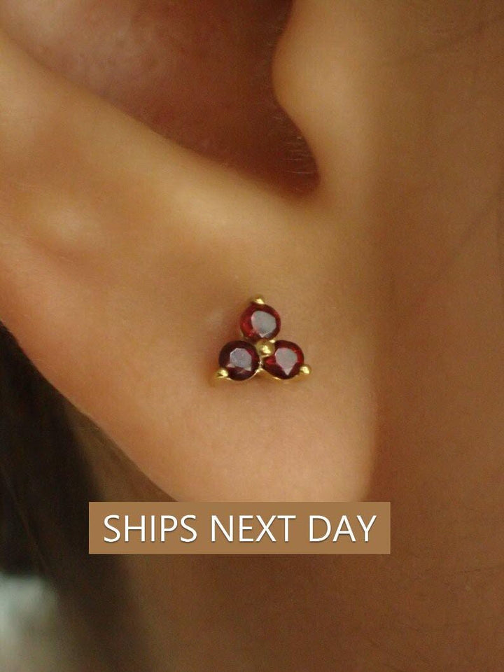 Garnet Earrings / Trio Stud Earrings / January Birthstone / Three Stone Earrings / Birthstone Studs / Holiday Gift for Her