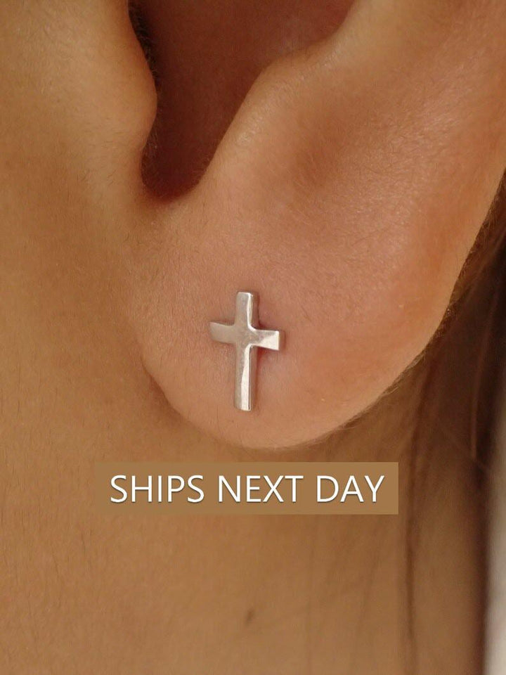 Cross Stud Earrings / Tiny Cross Earrings in Sterling Silver / Religious Earrings Gift / Minimalist Earrings / Last Minute Gifts