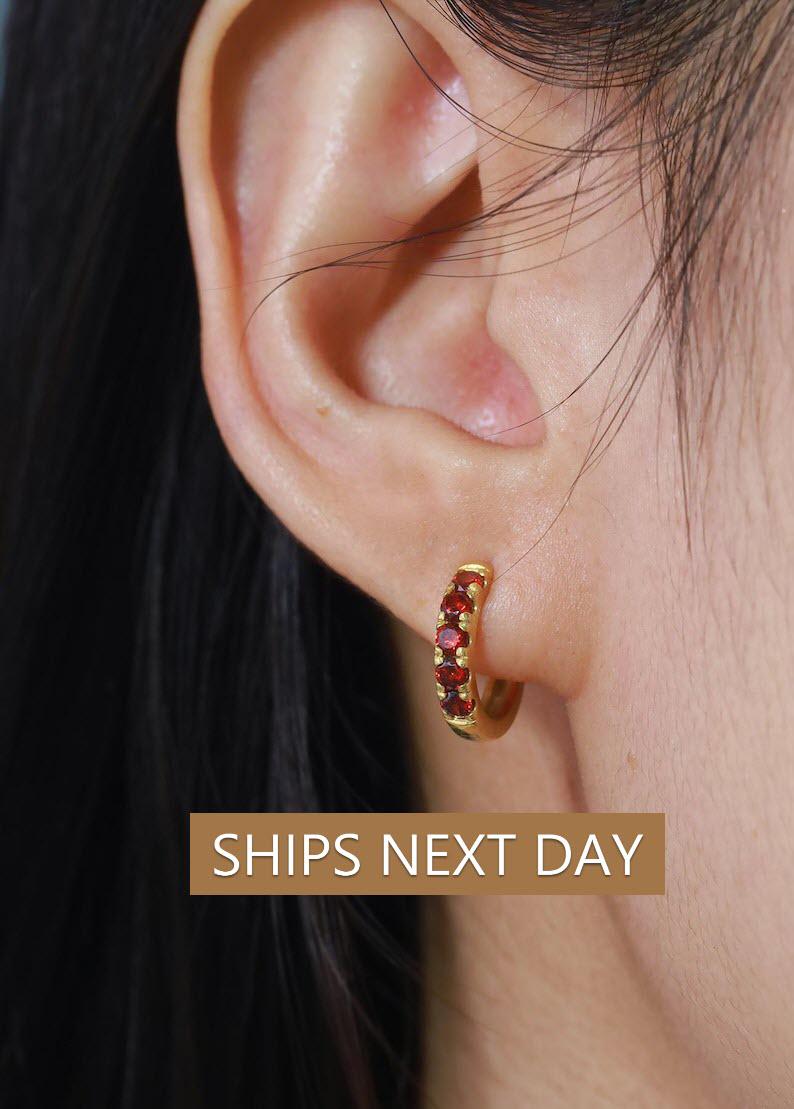 Five Stones Garnet Hoop Earrings, January Birthstone Gifts, Huggie Hoops, Minimal Hoop Earrings Gift for Her, Holiday Gift for Her