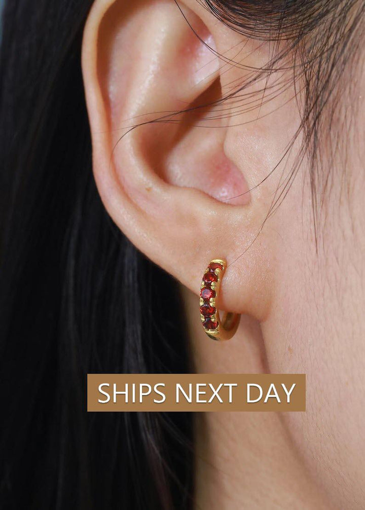 Five Stones Garnet Hoop Earrings, January Birthstone Gifts, Huggie Hoops, Minimal Hoop Earrings Gift for Her, Holiday Gift for Her