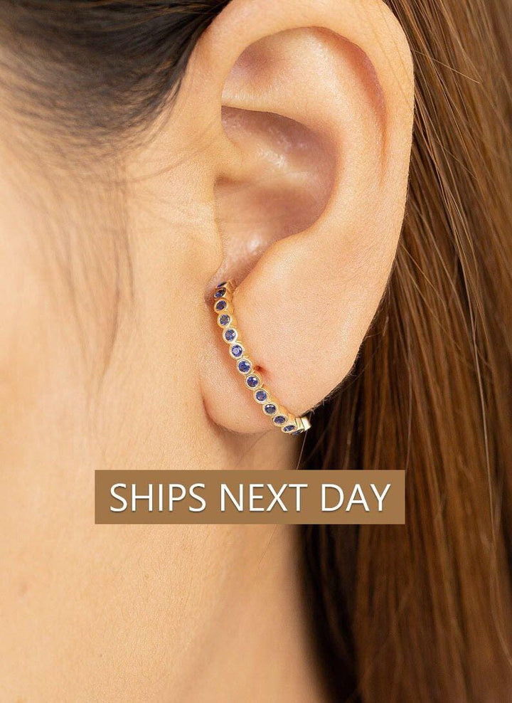 Ear Lobe Blue Sapphire Cuff Earrings, Suspender Earrings, Dainty Stud Lobe Cuff, September Birthstones Gift, Last Minute Gifts