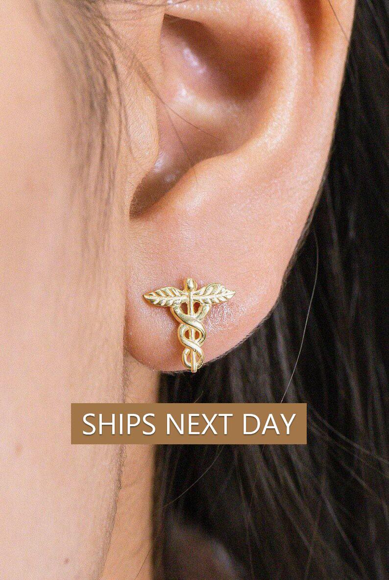 Caduceus Stud Earrings, Medical Symbol Earrings, Caduceus Medical Jewelry, Earrings for Doctor Nurse