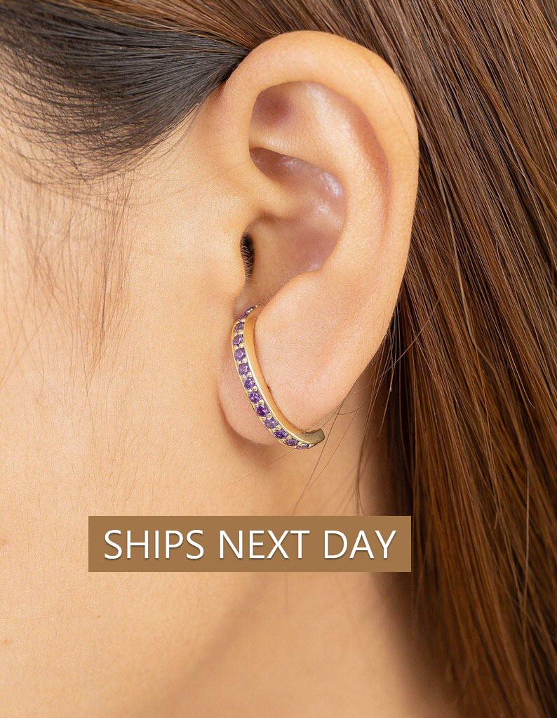 Amethyst Curved Bar Stud Earrings, February Birthstone Earrings, Channel Set Purple Gemstone Ear Climbers, Bridesmaid Gift
