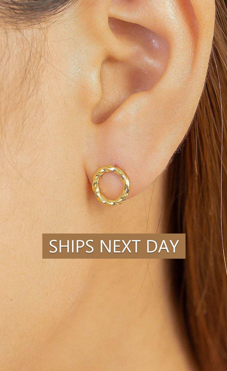 Open Circle Twisted Stud Earrings, Dainty Circle Drop Earrings, Minimalist Twist Jewelry, Bridesmaid Gift for Her