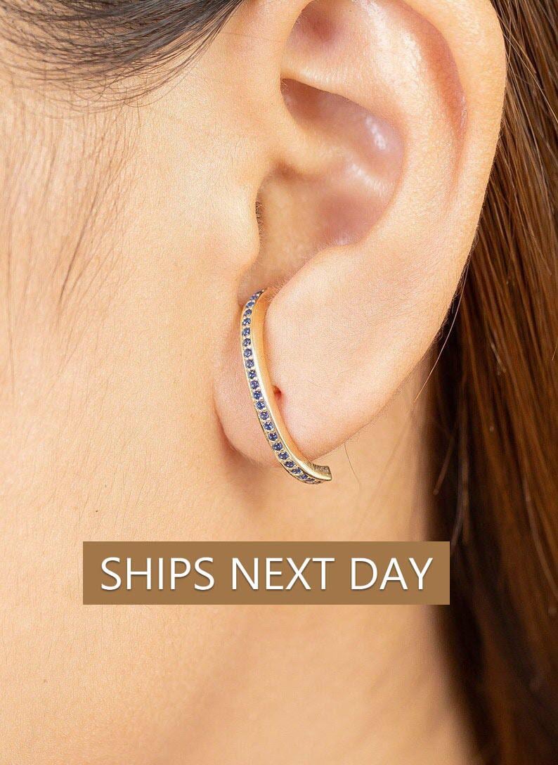 Ear Lobe Blue Sapphire Cuff Earrings, Suspender Earrings, Dainty Stud Lobe Cuff, September Birthstones