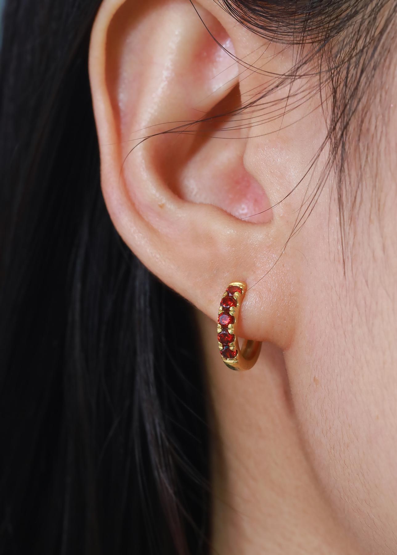 Five Stones Garnet Hoop Earrings, January Birthstone Gifts, Huggie Hoops, Minimal Hoop Earrings Gift for Her, Holiday Gift for Her