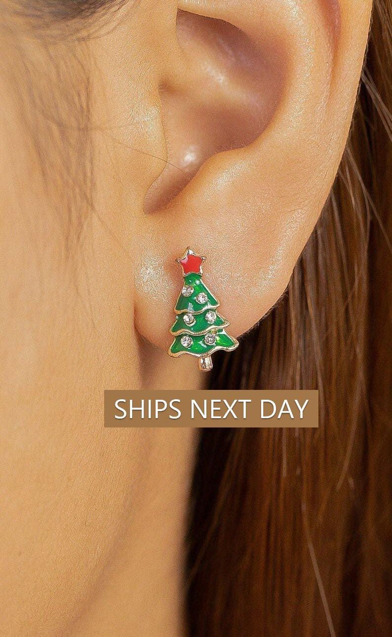 Christmas Tree Earrings, Tree Stud Earrings, Fir Tree Earrings, Minimalist Earrings Christmas Gift for Women, Last Minute Gifts