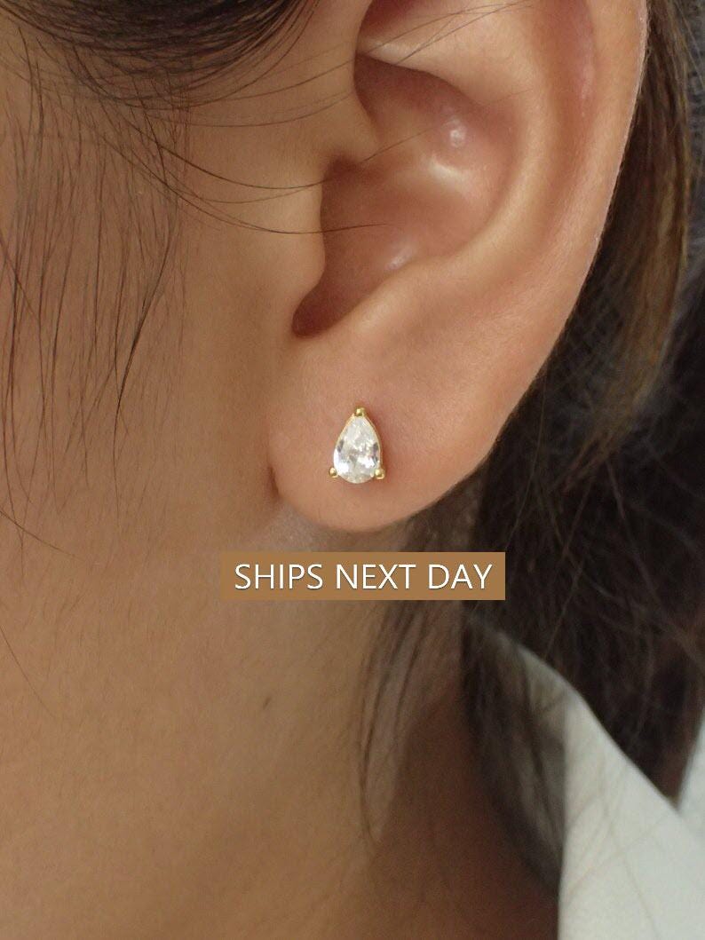 Pear Stud Earrings / Minimalist Earrings / Diamond Solitaire Pear Stud / Graduation Gift