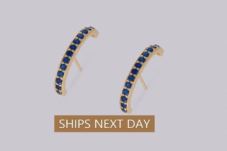 Blue Sapphire Curve Bar Stud Earrings, September Birthstone Gifts, Suspender Cuff Stud Earrings, Dainty Earrings Gift For Women