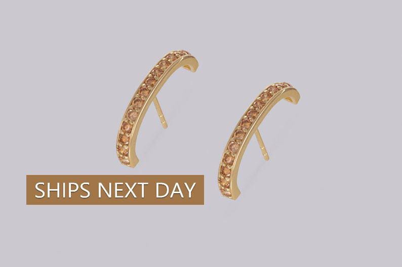 Citrine Curve Bar Stud Earrings, November Birthstone Gifts, Suspender Cuff Stud Earrings, Dainty Earrings Gift For Women