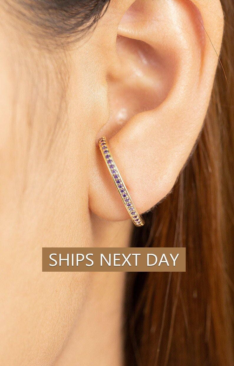Amethyst Earrings, Cuff Earrings, February Birthstone Earrings, Suspender Earrings, Minimalist Earrings Gift for Her
