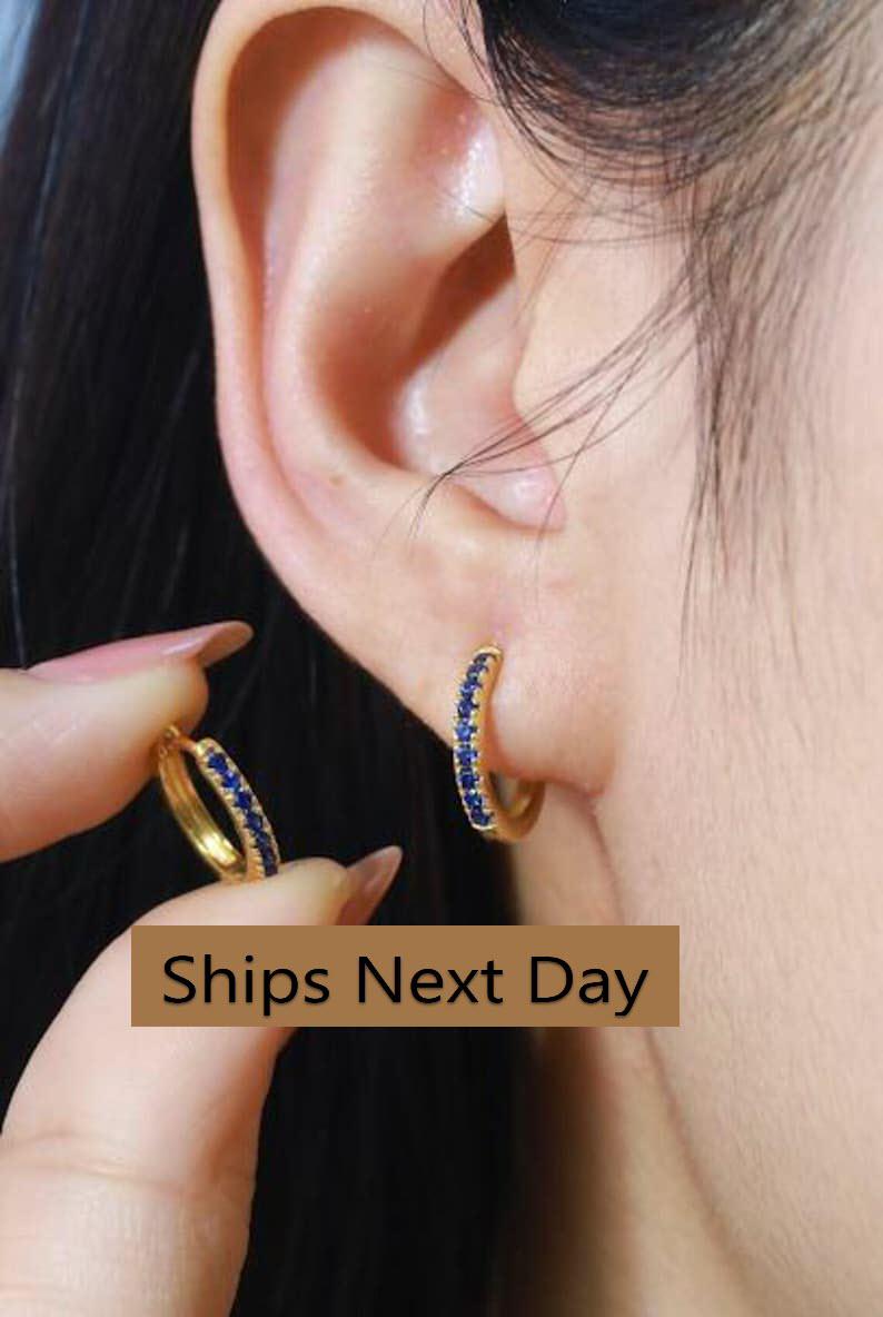 Blue Sapphire Hoop Earrings, September Birthstone Gifts,Huggies Hoop Earrings, Minimal Hoop Earring, In Stock