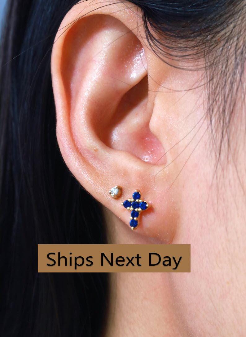 Blue Sapphire Cross Stud Earrings / Tiny Cross Studs September Birthstones / Religious Earrings Gift / Holiday Gift for Her