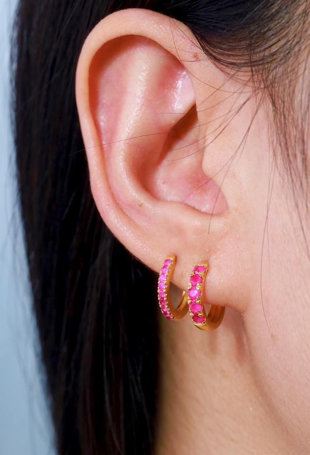Ruby Hoop Earrings, July Birthstone Gifts, Huggies Hoop Earrings, Minimal Hoop Earrings, In Stock