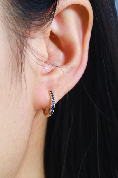 Blue Sapphire Hoop Earrings, September Birthstone Gifts,Huggies Hoop Earrings, Minimal Hoop Earring, In Stock