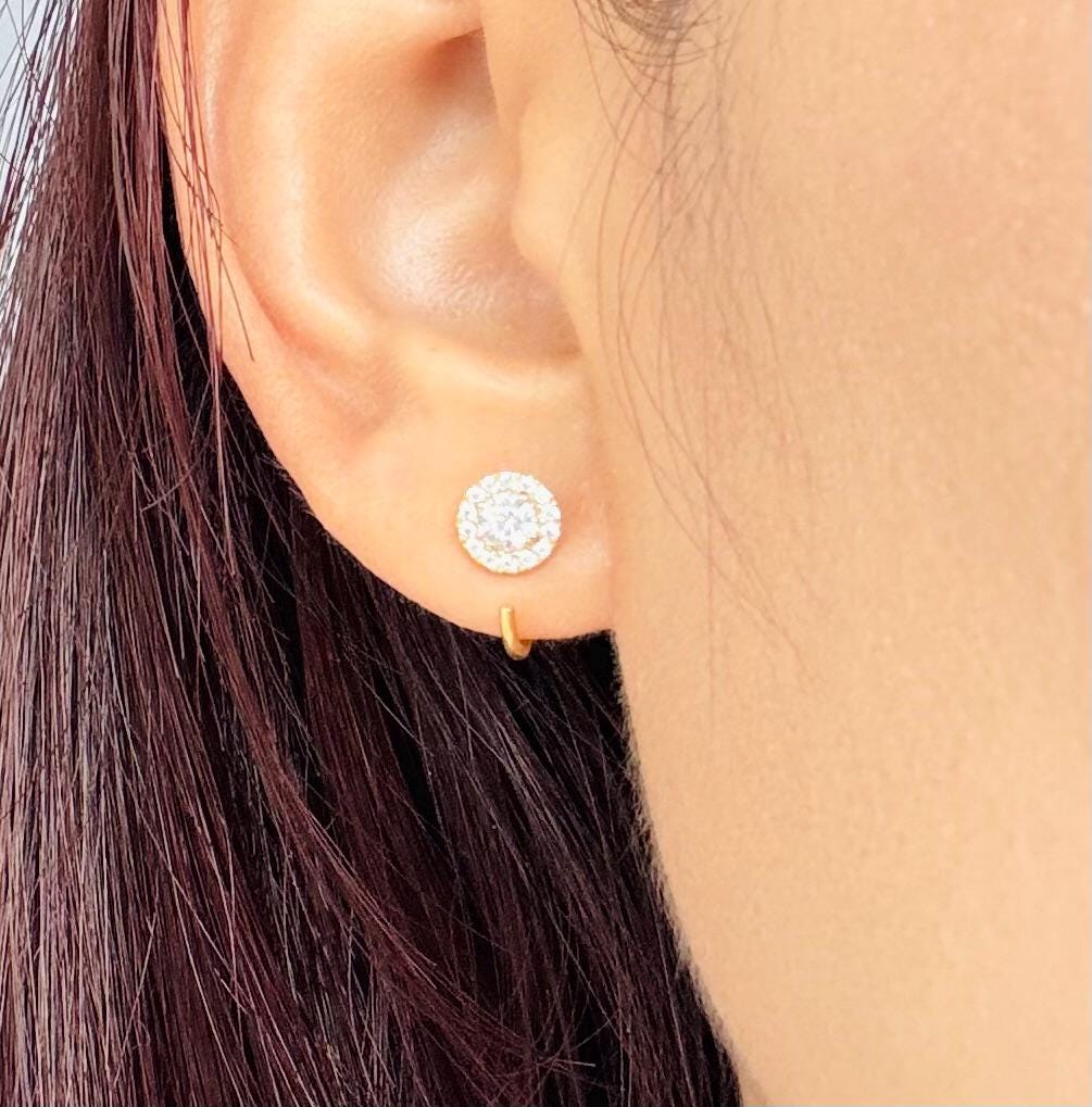Diamond Halo Open Huggies Earrings Silver Diamond Halo Hoops Sparkly Halo Huggie Earrings Minimalist Diamond Halo Hoops Gift for Her