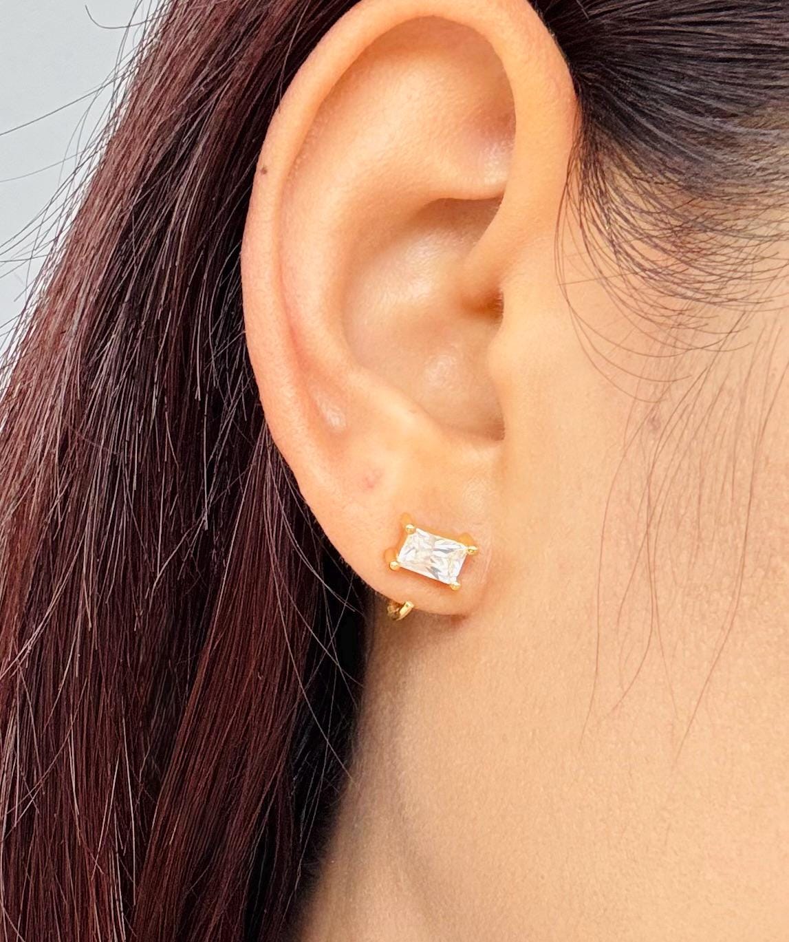 Baguette Open Huggies Earrings Sparkly Baguette Hoops Baguette CZ Huggie Earrings Gold Baguette Hoop Earrings Gift for Her