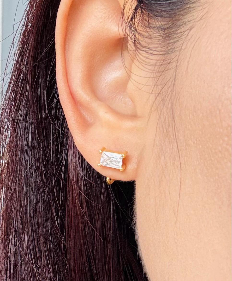 Baguette Open Huggies Earrings Sparkly Baguette Hoops Baguette CZ Huggie Earrings Gold Baguette Hoop Earrings Gift for Her